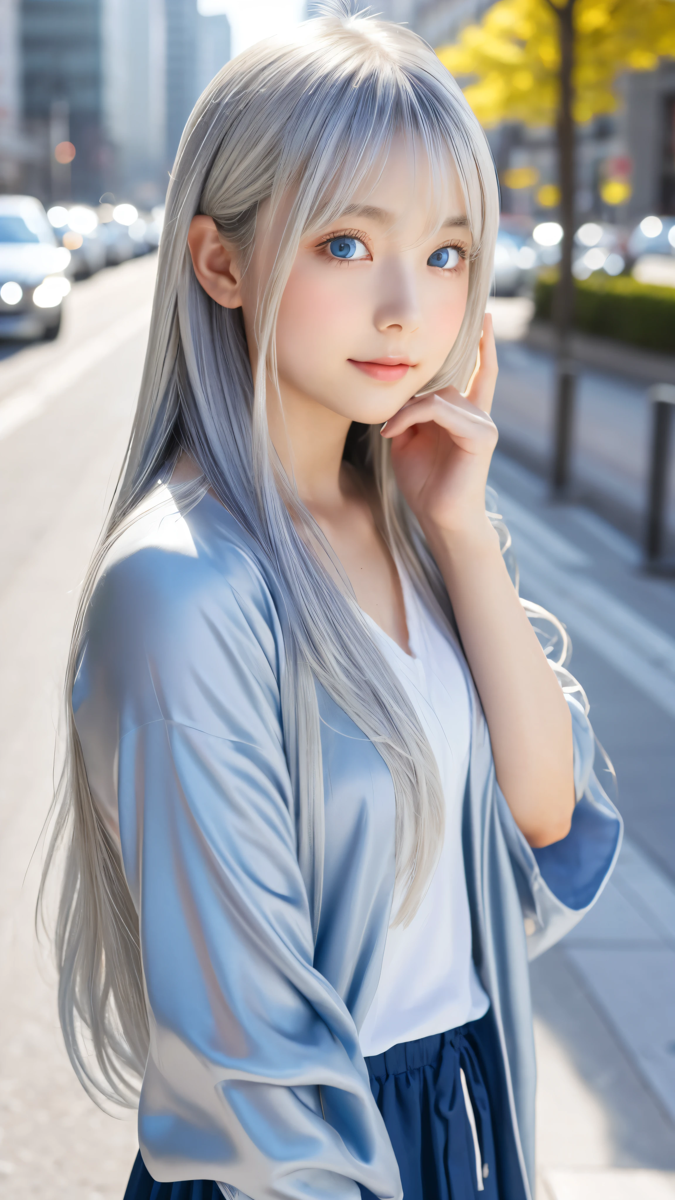Shining, clear, white skin、Her windblown silver hair hides her beautiful face.、huge、28 years old cute sexy little beautiful face、Beautiful straight hair that stands out、growing up, Sparkling light blue eyes、long silky bangs that cover cute eyes, Sexy and cute young woman with super long hair hiding her sexy face、Shining silver hair