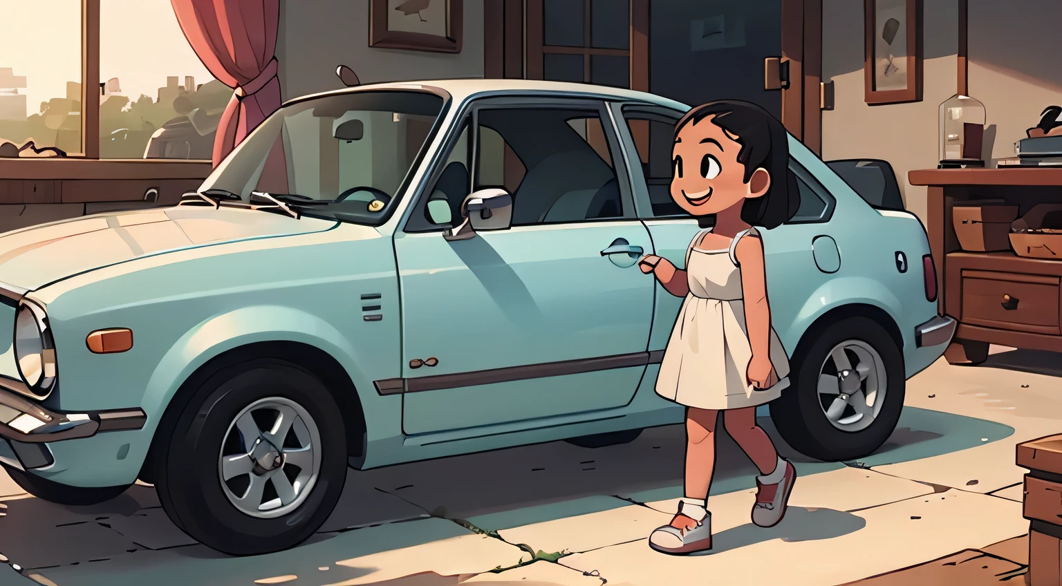 Octane Rendering、(Hyper Detail: 1.15)、(Soft Light、sharp: 1.2)、morning、In the parking lot of a country house、Very small old white modified car，Very short dress、Cute young girl、sneakers，Tabletop, Anatomically correct、Laughter, Dazzling Light