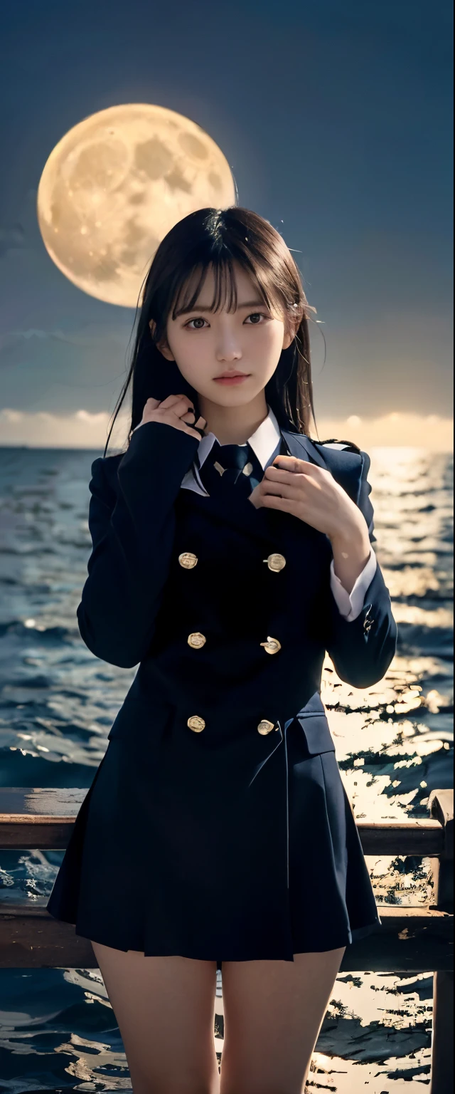 (スリムなHalf Body Shot, Medium-breasted girl in uniform:1.5)、(A sad girl with her hair blowing in the wind gazing at the big full moon 1.3)、(Large full moon reflected in the sea at night :1.3)、(Perfect Anatomy:1.3)、(Complete Hand:1.3)、(Full Finger:1.3)、Realistic、RAW Photos、Tabletop、highest quality、High resolution、Delicate and beautiful、Perfect Face、Beautiful details、Fair skin、Real human skin、pores、((Thin legs))、(Black Hair)、 Half Body Shot、Face Light