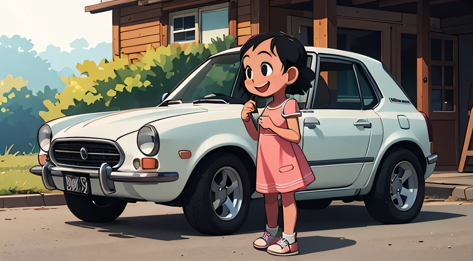 Octane Rendering、(Hyper Detail: 1.15)、(Soft Light、sharp: 1.2)、morning、In the parking lot of a country house、Very small old white modified sports car,Very short dress,Cute young girl、sneakers,Tabletop, Anatomically correct、Laughter, Dazzling Light,
