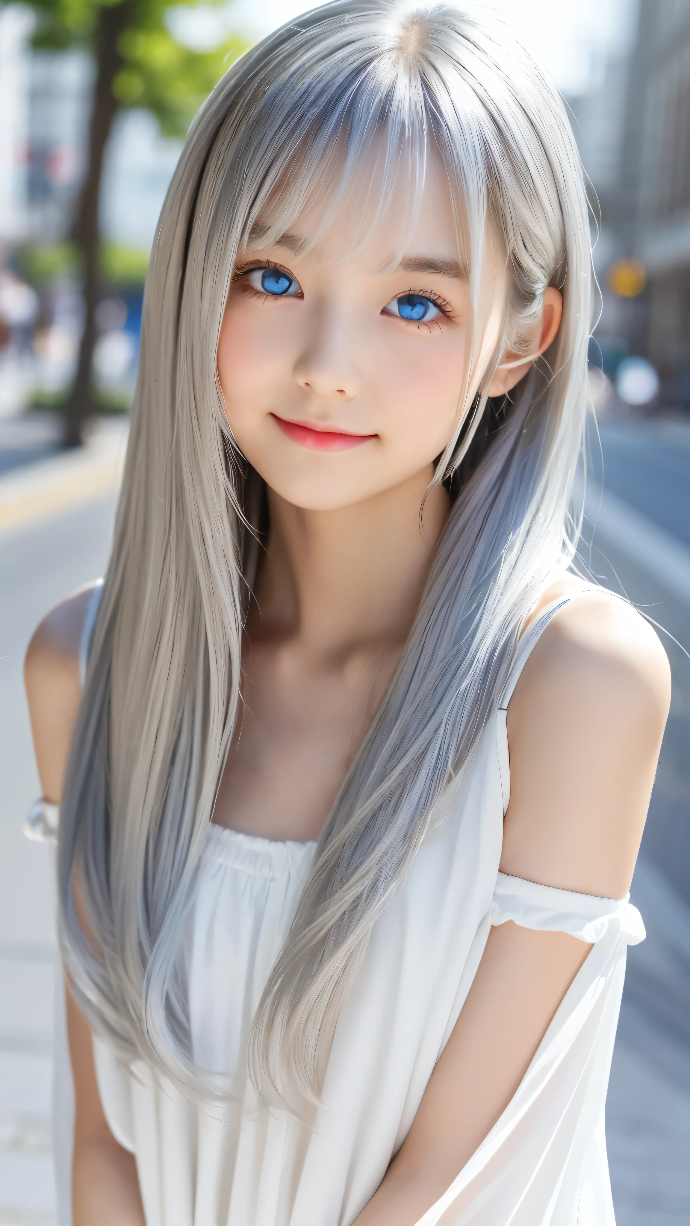 Shining, clear, white skin、Her windblown silver hair hides her beautiful face.、huge、28 years old cute sexy little beautiful face、Beautiful straight hair that stands out、growing up, Sparkling light blue eyes、long silky bangs that cover cute eyes, Sexy and cute young woman with super long hair hiding her sexy face、Shining silver hair