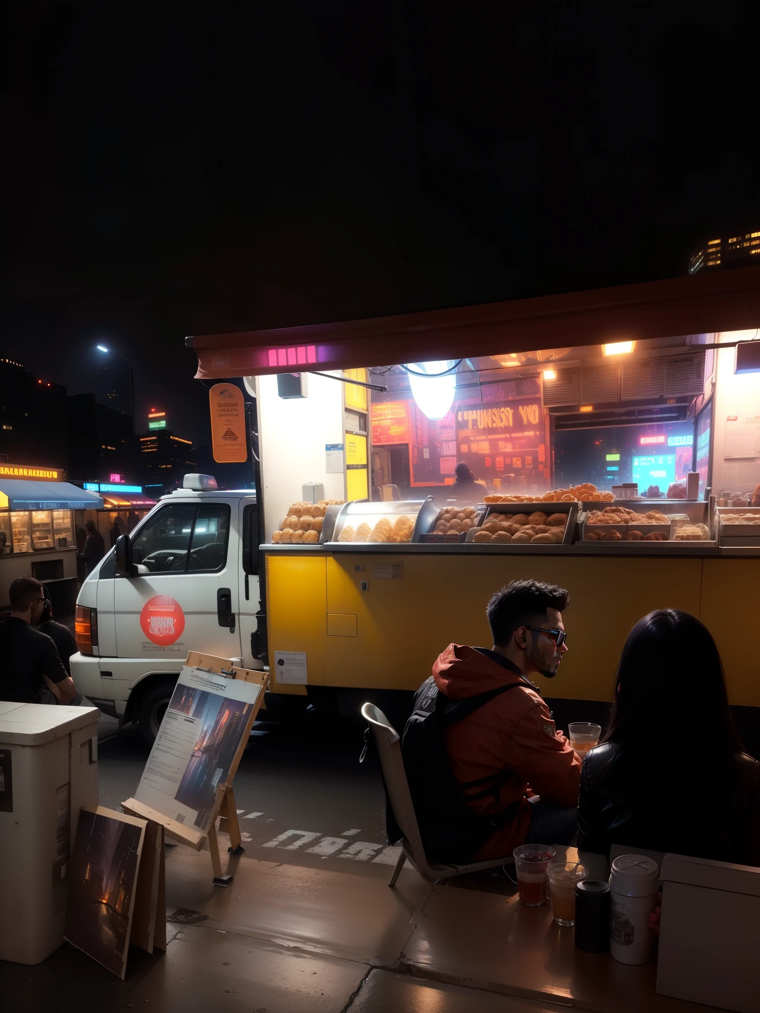 (highres,masterpiece:1.2),ultra-detailed,(realistic,photorealistic,photo-realistic:1.37),cyberpunk city, illuminated sky, neon lights, view from street level, futuristic city, metropolis, city central, food truck, street food, night 