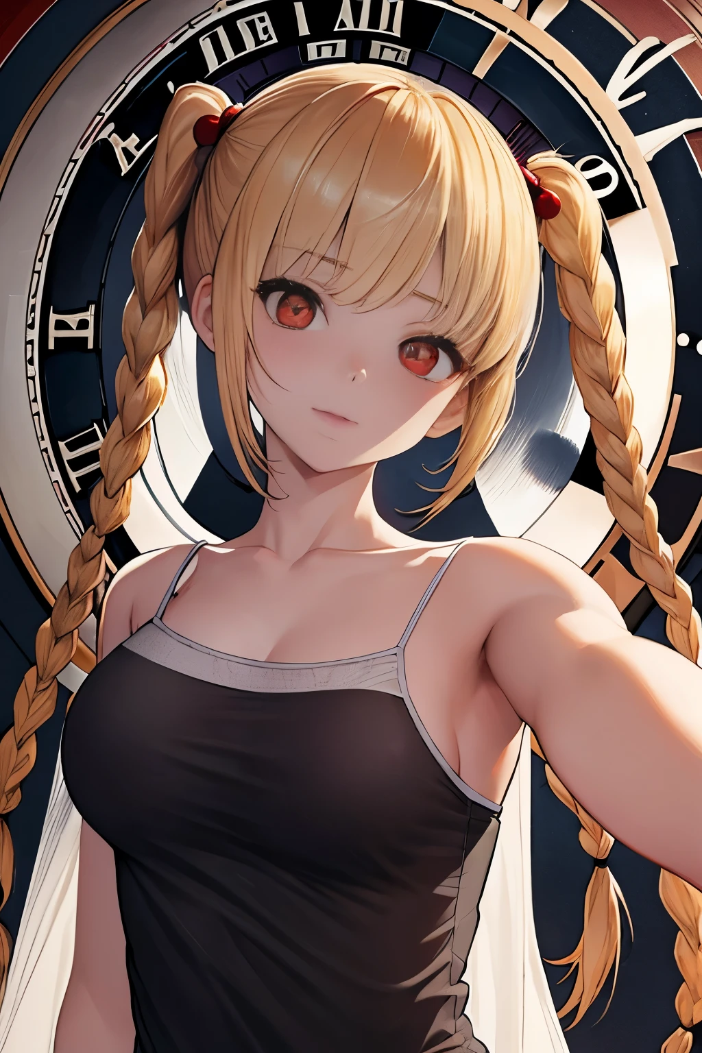 Optimal,masterpiece,High resolution,highest quality,Hyper HD,Very detailed,Award-winning,16k,alone,(Upper Body),Correct Anatomy,Beautiful Cyberpunk Girl,Upper Bodyの写真、Cute face,,blonde、Long Hair、Twin tails、Braid, Hairline,((Scarlet Eyes)),Long eyelashes,Drooping eyelids,White skin,((Shoot from the front:1.5)), ((camisole:1.5)), ((See-through:1.5)), ((Clock Top:1.5))、rocket , (Large Breasts),