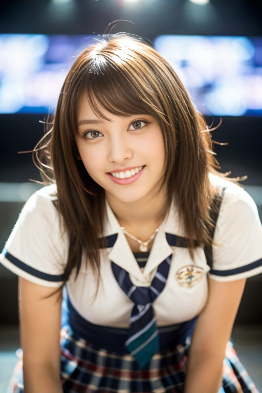 Browsing Caution, 8k RAW photo, highest quality, masterpiece, Ultra-high resolution, Film Grain, 1 girl, Asian, uniform、high school girl、Gal, ((Light Blonde_hair)), Looking at the audience, Sunburned skin:2, Dark Skin:2, Natural skin texture, light brown_eye, detailed eyes and face, blonde hair, Wicked Smile, teeth, beautiful feet, skinny, slim_feet, alone, Huge breasts, Cleavage, To you, Super short skirt, shirt, Seaside, (Detailed Background), Plaid skirt, white shirt, Huge breasts, Cleavage, Show a little Cleavage through the shirt, loafers, Blurred background, Blurred, Holding, Plaid, Short sleeve, JK Ribbon on the neck, JK Ribbon, brown hair, bracelet, 前hair