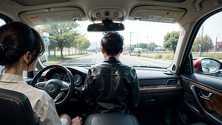 Looking forward from the back seat of a car、Taxi driver and passenger