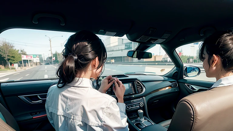 Looking forward from the back seat of a car、Taxi driver and passenger