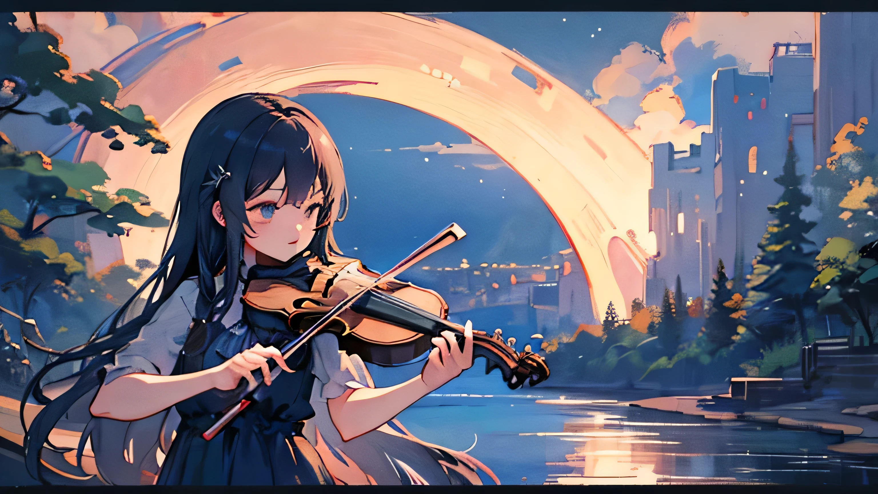 High-quality masterpiece, high detail, scenery, size 1920x1080, beautiful charming girl holding violin under the moon, starry sky, beautiful night,
