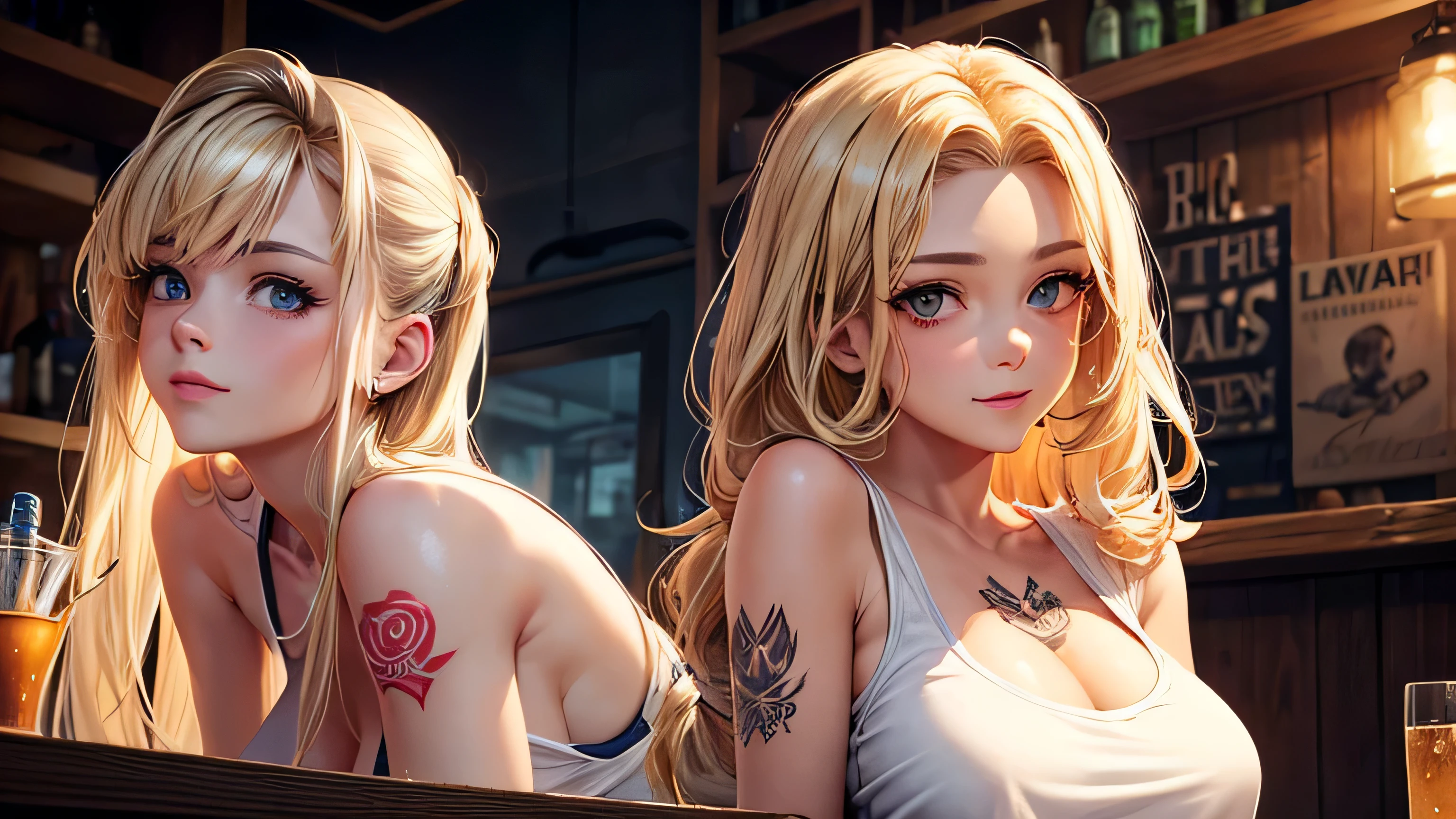 40s One woman A fawning smile White tank top shirt, tattoo, beautiful blonde Long Hair A worn-out bar Bourbon Perfect and detailed facial expression Perfect and detailed eye depiction Perfect and detailed hair Perfectly detailed upper body Perfect and detailed breast depiction Perfect and detailed depiction of the chest T-shirt