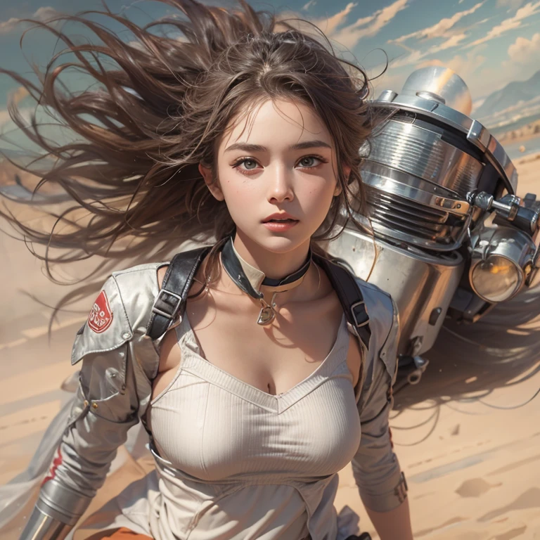 Riding a Harley Bike、Running in the desert、Hair flows、 ((highest quality、masterpiece、8k、best image quality、ultra high resolution、Award-winning work)、(close-up of woman&#39;s face:1.35)、(close-up of naked face:1.3)、(accurate anatomy:1.1)、(look at me and smile:1.1)、Shining fair skin with ultra high resolution、most detailed face、ultra high resolution detailed face、ultra high resolutionの髪の毛、(ultra high resolutionの煌めく瞳:1.1)、Beautiful face drawn in every detail、(blurred background:1.1)、