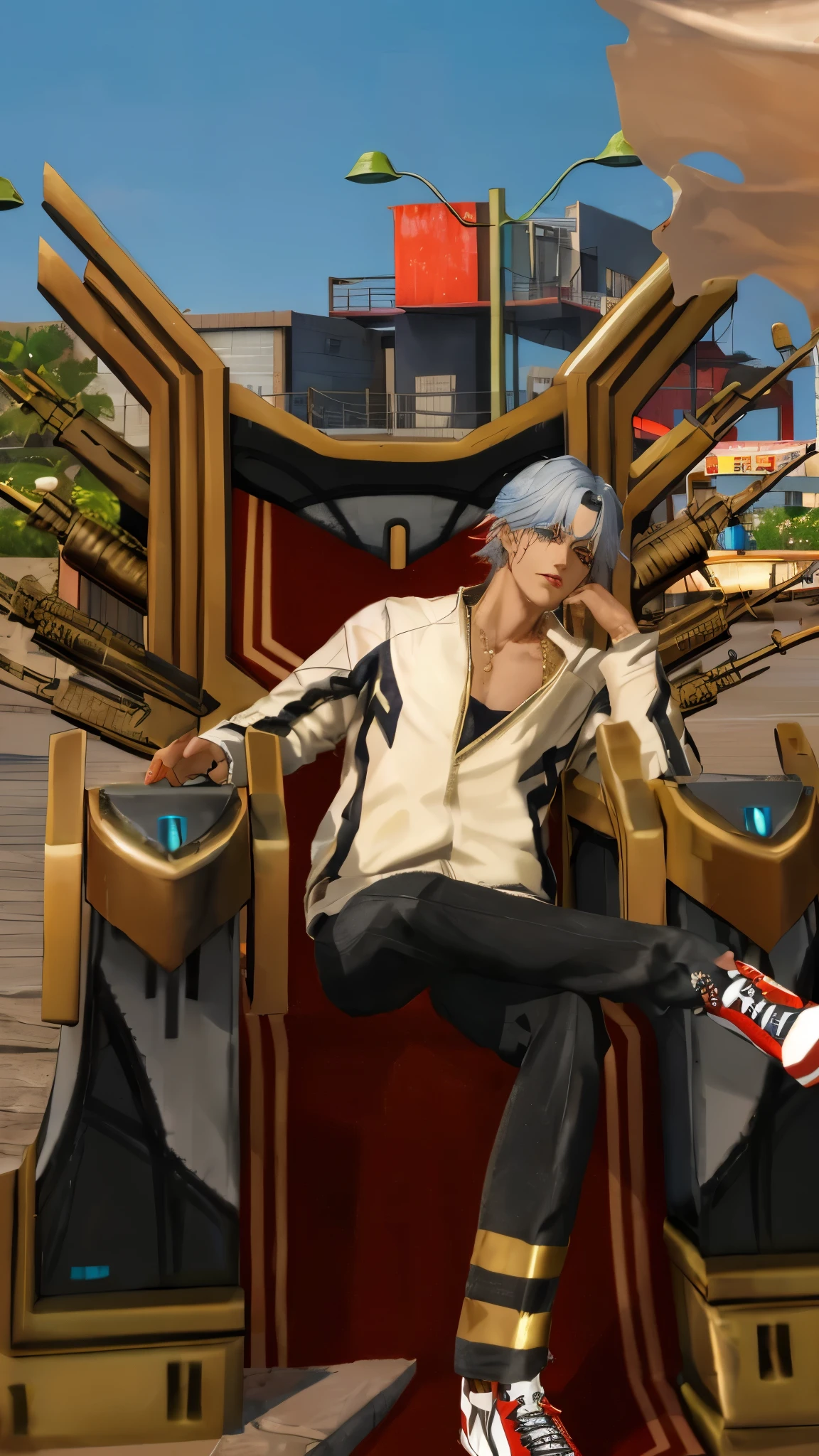 kk, melhor qualidade, mais detalhes, obra-prima, 1boy, kaneki ken, retrato, foco masculino, olhos vermelhos, solo, franja, olhando para o espectador, capuz de cor Azul, cabelo curto, sol, tokyo tokyo \(cidade\), capuz, nail polish, cabelo branco, luxuoso, 8k, detalhado, ray tracing, profundidade de campo, cinematic lighthing,
