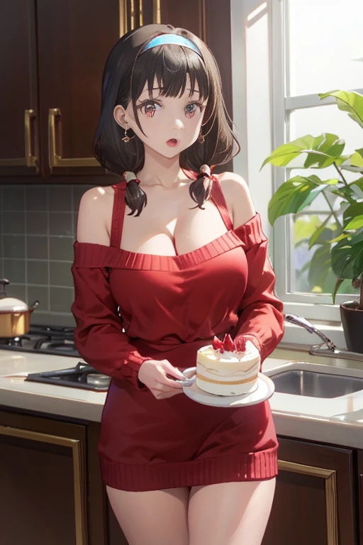 masterpiece, yor, 1girl, Amazing Cleavage:1.3, thin waist, big ass, Raised sexy, medium breast: 1.8 posed cleavage:1.2、solo, looking at viewer, open mouth, have a cup of coffee,black hair, red eyes, dress, bare shoulders, jewelry, collarbone, sidelocks, hairband, earrings, indoors, off shoulder, :o, sweater, arms behind back, plant, short hair with long locks, white hairband, off-shoulder dress, sweater dress, off-shoulder sweater, red sweater, big side hair, very long side hair,is rendered in (masterpiece: 1.2, best quality), with (ultra high resolution) and an exquisite (depth of field). This masterpiece is not only visually stunning but also tells, make of cake cooking ,in the kitchen