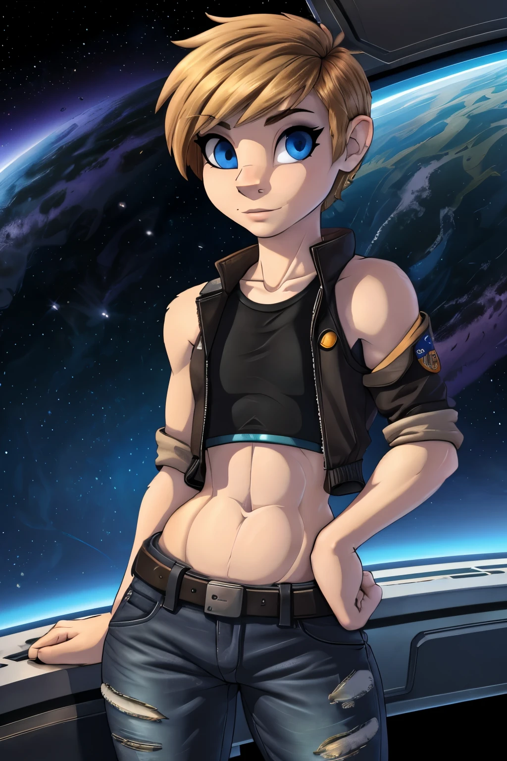 (Cute anthro harpy), Tomboy, pretty face, human nose, space station background, thin body, slim, fit, feathers for hair, dark blonde hair, tomboy pixie cut, blue eyes, flat chested, feathers on arms, adjatha, utility belt, cropped jacket, black tanktop, jean pants, SFW, 