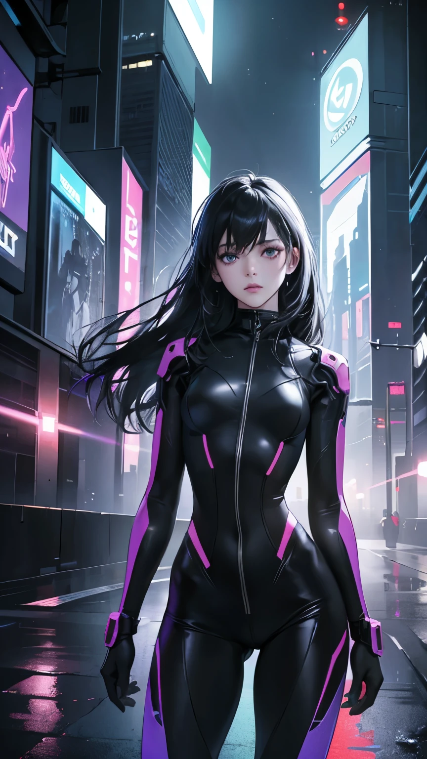 (absurdres, highres, ultra detailed),masterpiece,best quality,high resolution,8k,Realistic face,Realistic skin texture,magnified textures, stunning clarity,detailed anime gir(Bright colors,neon lighting,digital art,cyber punk:1.1,dark atmosphere,futuristic style),highly detailed cityscape,Shining skyscrapers and billboards,High-tech gadgets and holographic displays,person wearing augmented reality implant,wearing futuristic clothes,Dynamic action and movement,The rain-soaked streets reflect colorful lights,Hovering vehicles and flying drones,Sharp, angular architectural design,stylized abstract elements,mysterious and eerie atmosphere,Emphasize the contrast between light and shadow, ((15 year old girl, slim, thin waist, thin thighs, thin arms))