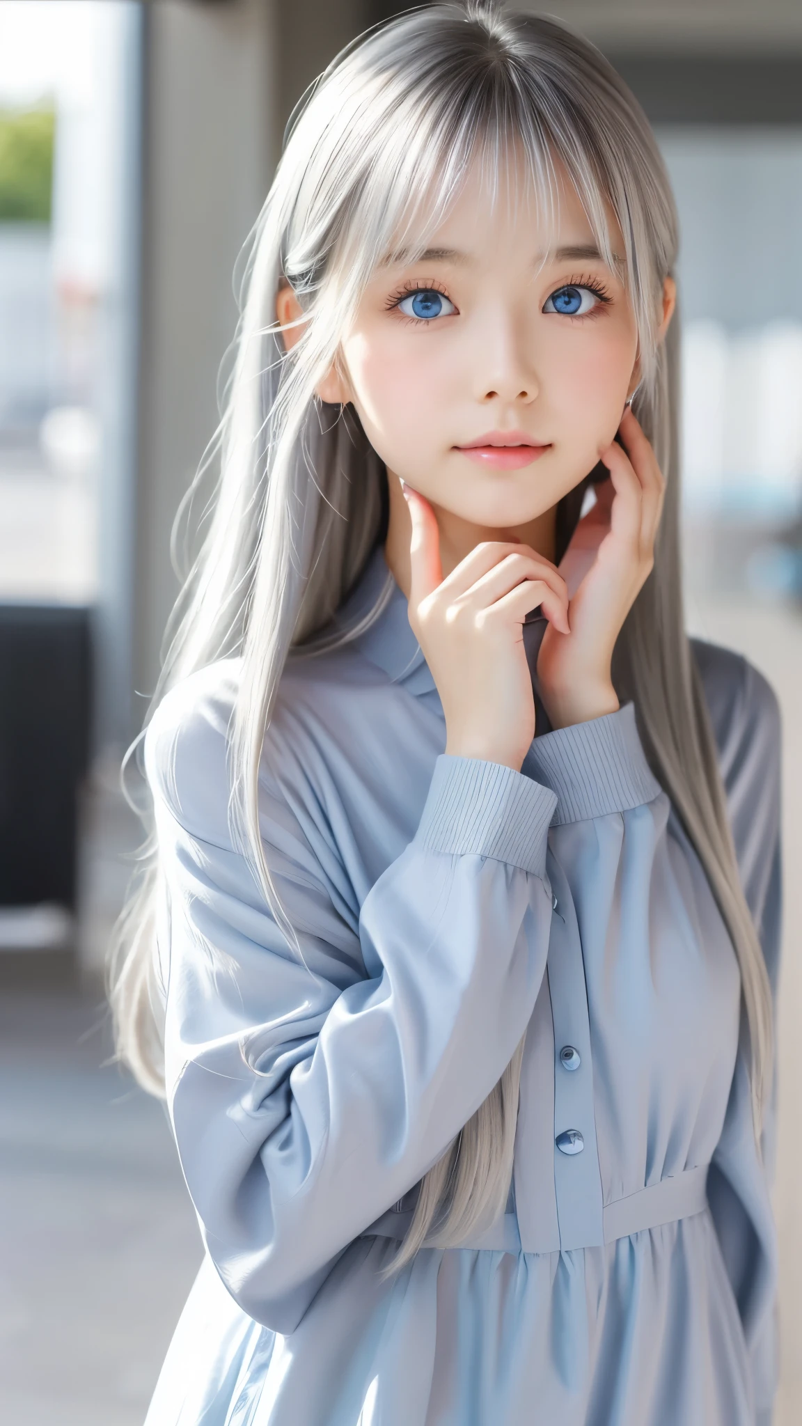 Shining, clear, white skin、Her windblown silver hair hides her beautiful face.、huge、28 years old cute sexy little beautiful face、Beautiful straight hair that stands out、growing up, Sparkling light blue eyes、long silky bangs that cover cute eyes, Sexy and cute young woman with super long hair hiding her sexy face、Shining silver hair