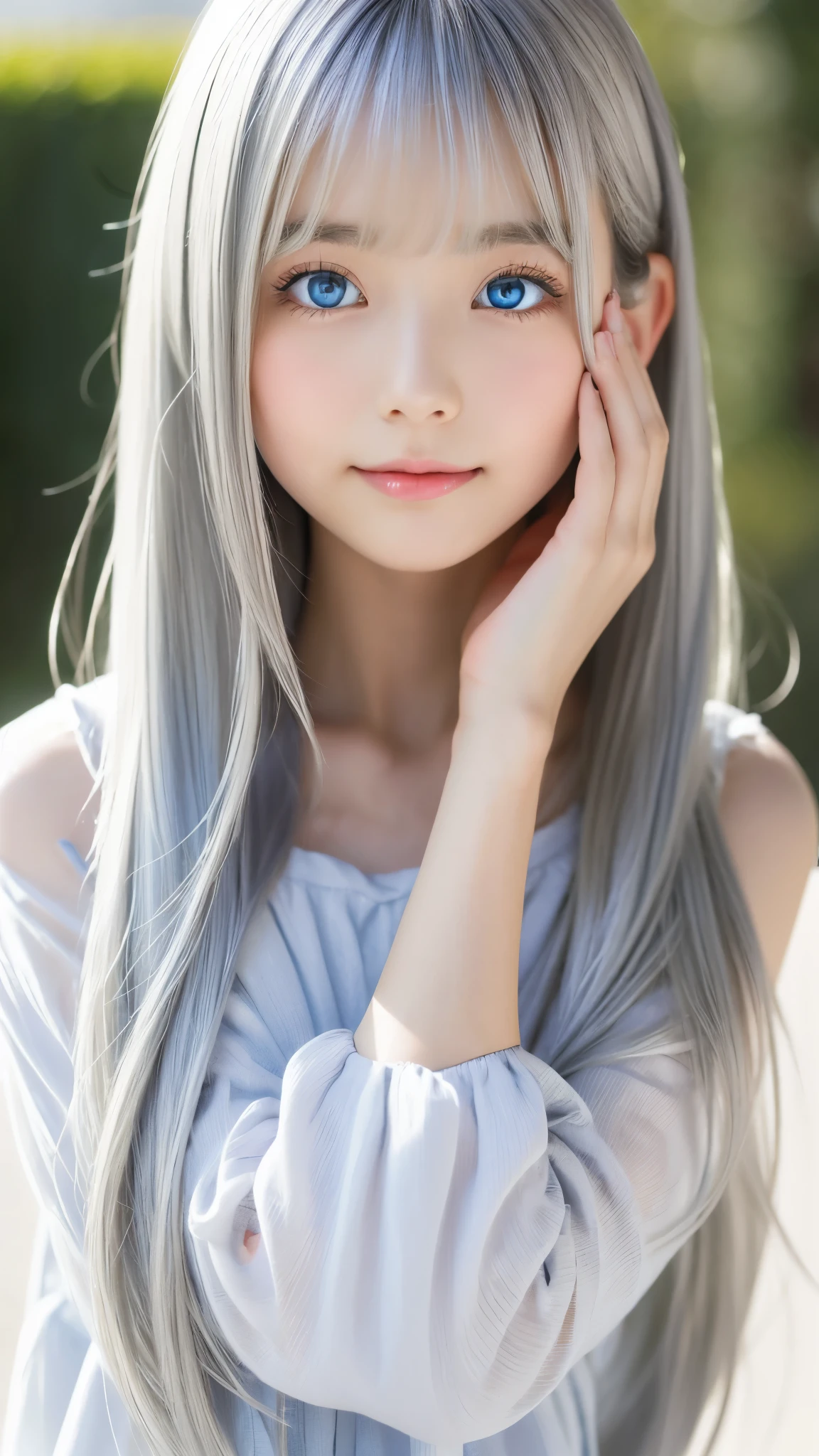 Shining, clear, white skin、Her windblown silver hair hides her beautiful face.、huge、28 years old cute sexy little beautiful face、Beautiful straight hair that stands out、growing up, Sparkling light blue eyes、long silky bangs that cover cute eyes, Sexy and cute young woman with super long hair hiding her sexy face、Shining silver hair