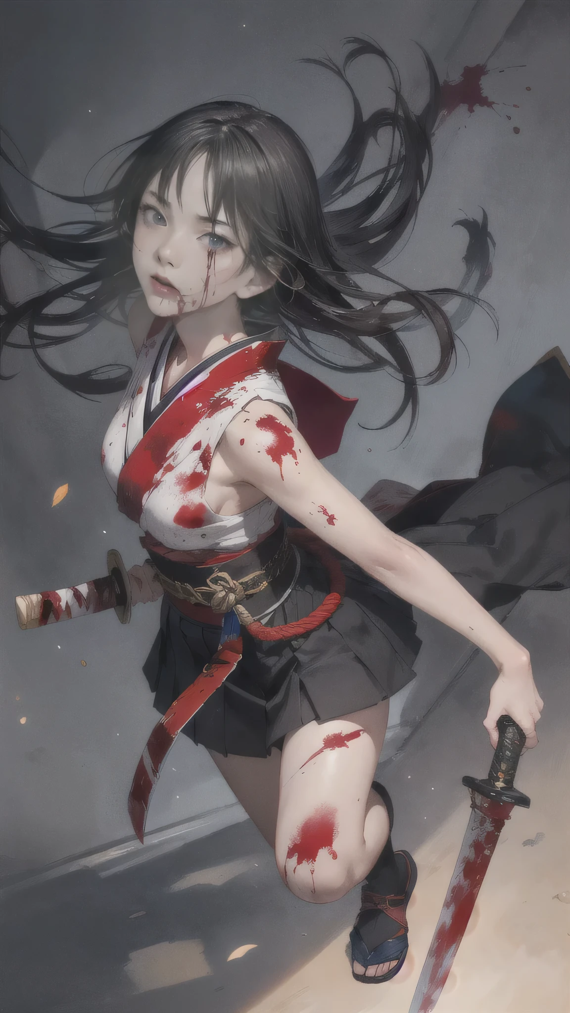 best quality,ultra-detailed,realistic,traditional Japanese art style,dramatic lighting,japanese high school girl, expert in iaido, long disheveled black hair, captures her agility and skill, bloodied Japanese sword held in her right hand, sensual, there was blood on my face.