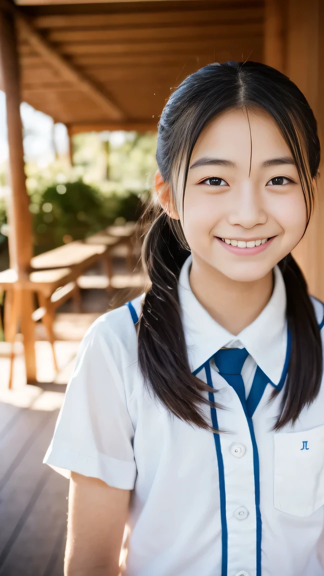 Lens 135mm f1.8, (highest quality),(RAW photo), , (Beautiful 15 year old Japanese girl), cute face, (deeply carved face:0.7), (freckles:0.6), dappled sunlight, dramatic lighting, (japanese school uniform), (inside the school), shy, ponytail, (cowboy shots of:1.2), (embarrassed, smirked,smile),, (sparkling eyes)、(sunlight), (Arms at sides),