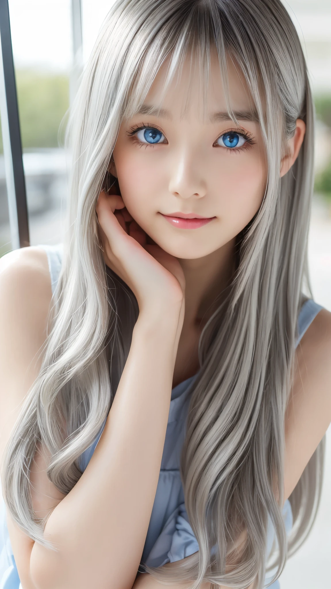 Shining, clear, white skin、Her windblown silver hair hides her beautiful face.、huge、28 years old cute sexy little beautiful face、Beautiful straight hair that stands out、growing up, Sparkling light blue eyes、long silky bangs that cover cute eyes, Sexy and cute young woman with super long hair hiding her sexy face、Shining silver hair