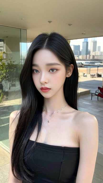 ((top quality, 8K, masterpiece: 1.3)), beauty, hidden face, (1 woman. 20 years old), beauty: 1.4, slim abs: 1.1, clear face, realistic skin, ((black hair short hair. necklace)). (high heel. strapless tube mini dress_high heel. long legs. whole body. stand. in front of the glass wall. city view during the day), very detailed face, very detailed lips, detailed eyes, sharp focus, brown eyes, clear eye line, dark eyelashes, double eyelid, makeup face. peach lipstick