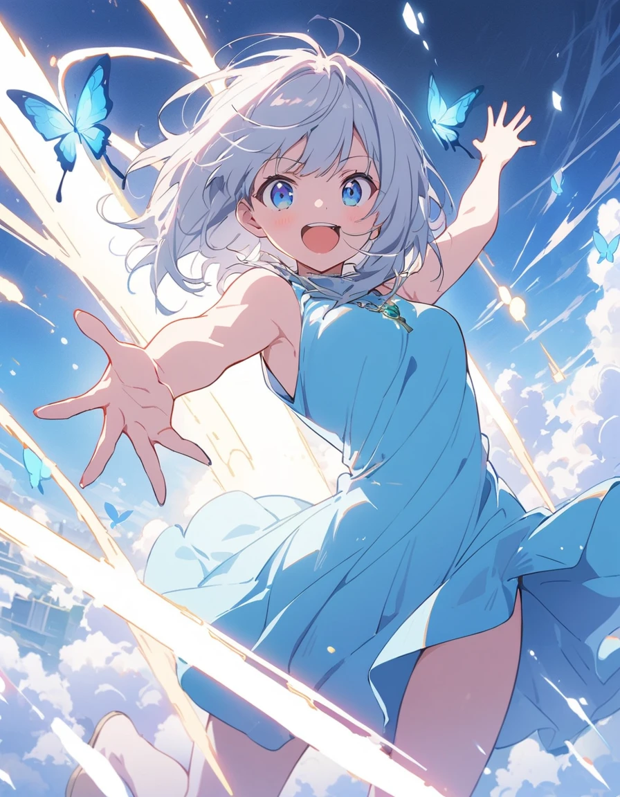 1 girl，  Blue Eyes， Shift dress， Blue clothes， Gray Hair，Blue butterfly flying，Laugh with pleasure、 Remand， Particles of light，  gem， Sleeveless， Exposing shoulders， With bangs，Beautiful Eyes， detailedな背景，(highest quality、masterpiece、High resolution、detailed)、animeスタイル、Flat Style、(eyes shining iridescent colors illuminated light,、detailed美しい顔),  BREAK,extremely detailed、Slashing Effects、cool、Full Body、Dynamic Angle、anime