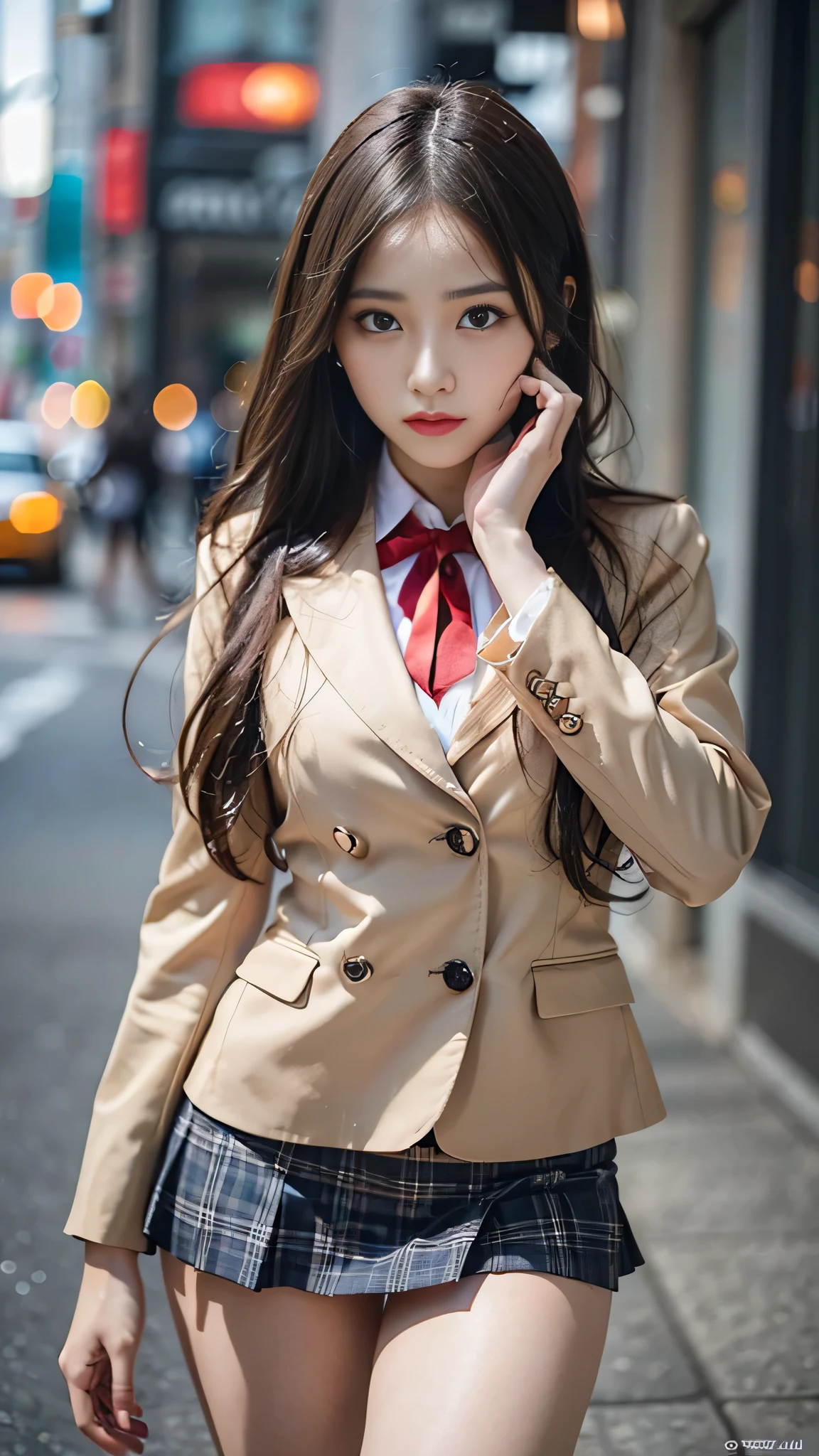 最high quality, masterpiece, 1 girl, Beautiful Face, (Photorealistic photography:1.3), Rim Light, (Skin with attention to detail:1.2), 8k UHD, Digital SLR, high quality, High resolution, 4K, 8k, Bokeh, Disorganized, The optimal ratio is four fingers to one thumb, (Genuine:1.3), Small face, pretty girl, Black Formal Blazer, Mid-breasted, Short skirt,office