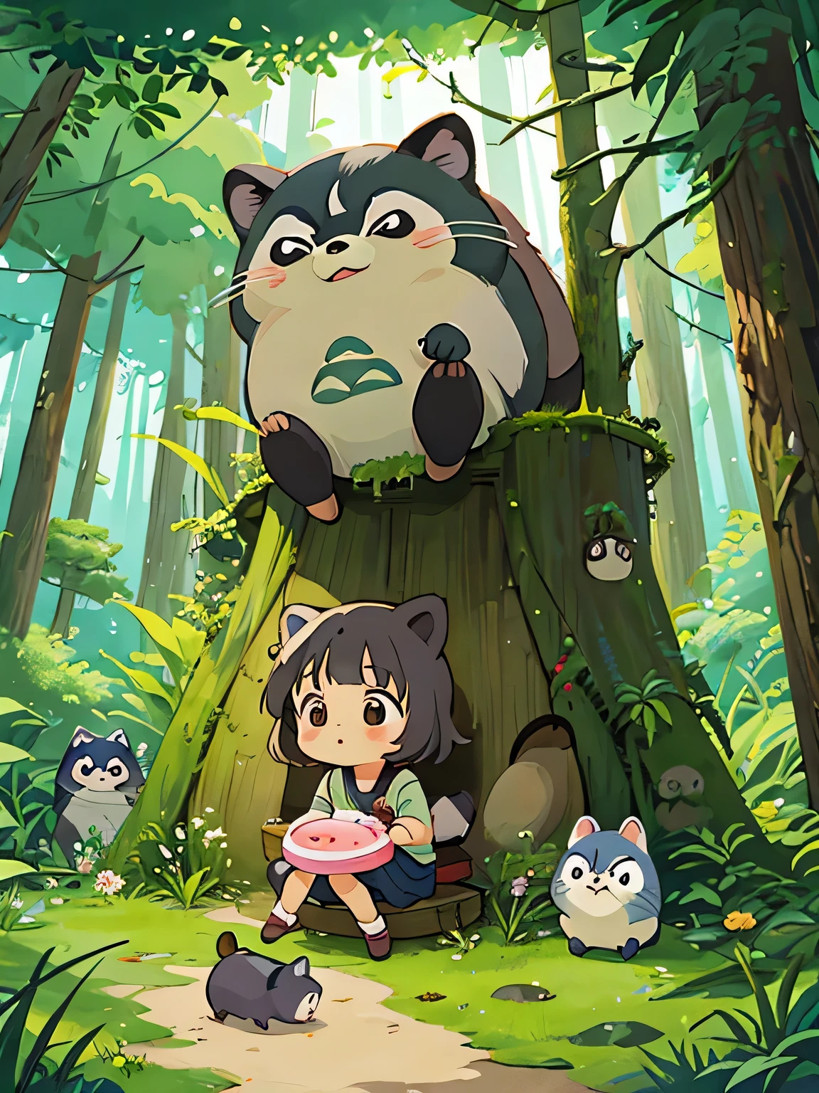 hayao miyazaki style, Kawaii Design, The most beautiful girl of all time、Chibi, Totoro、toilet together、Lots of cute raccoons、Playing with raccoon dogs、Totoro Forest