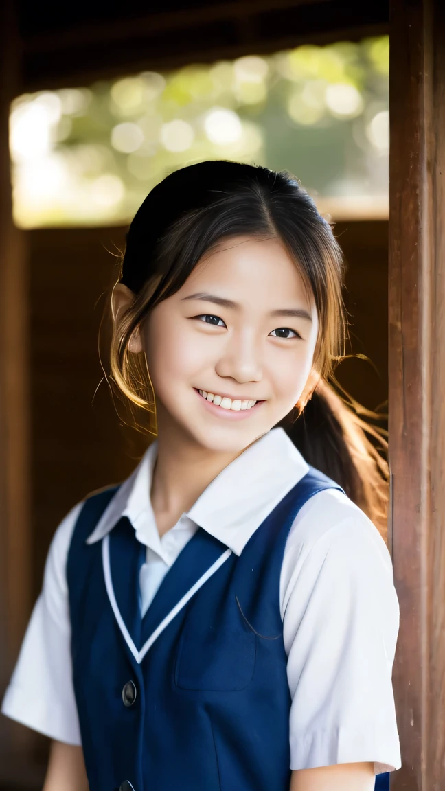 Lens 135mm f1.8, (highest quality),(RAW photo), , (Beautiful 15 year old Japanese girl), cute face, (deeply carved face:0.7), (freckles:0.6), dappled sunlight, dramatic lighting, (japanese school uniform), (inside the school), shy, ponytail, (cowboy shots of:1.2), (embarrassed smile),, (sparkling eyes)、(sunlight), (Arms at sides),