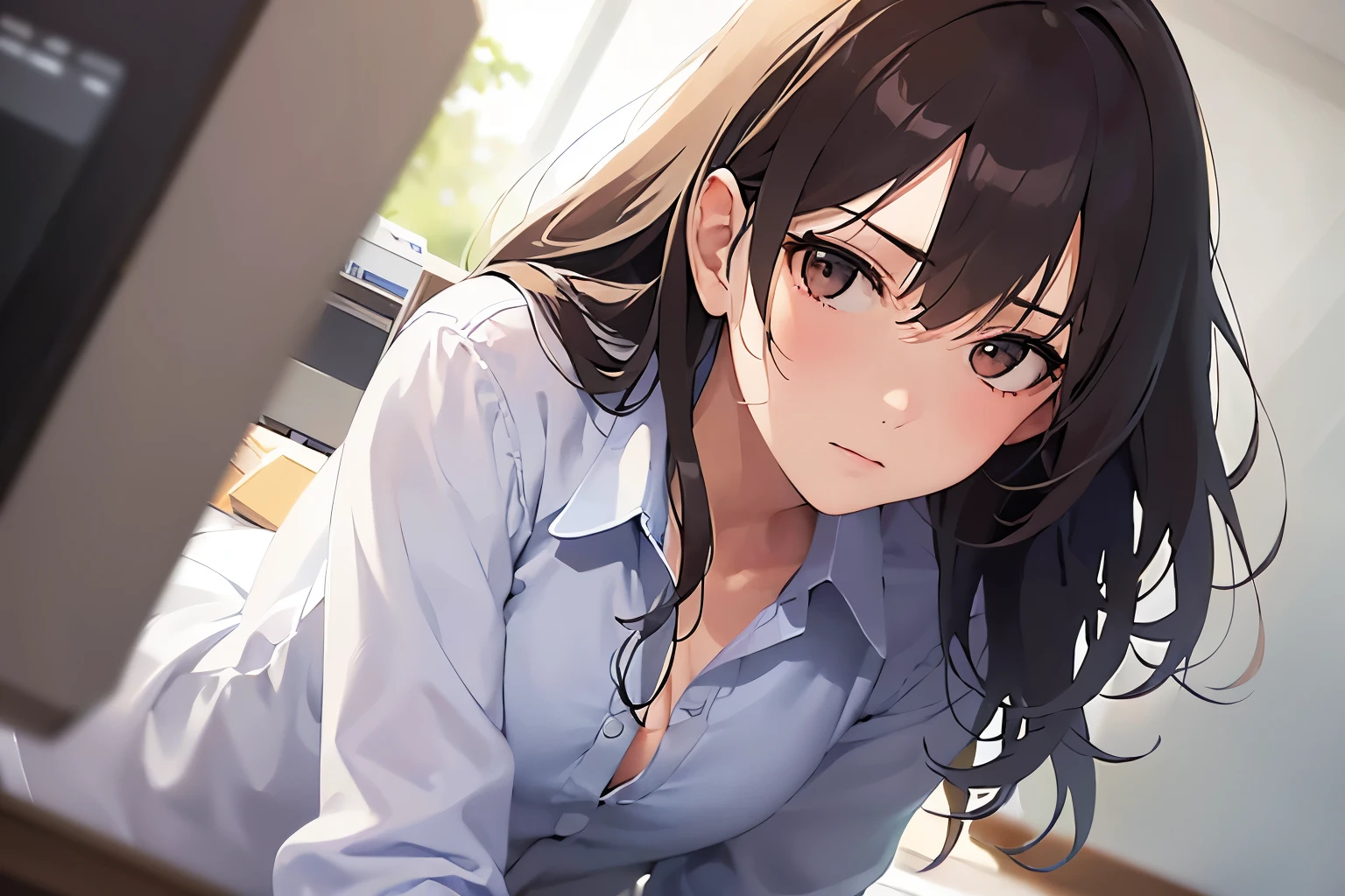 side angle, (lookingaway:1.5), Upper Body, Realistic, real person, (pale skin: 1.2), RAW photo, photorealistic, portrait photography, shiny skin, shiny hair、(A 25-year-old woman with medium-length hair and bangs) and (wavy hair) and (brown hair) and (orange eyes) , (Gray business suit) and (White shirt) 、Serious expression, The background is the office、Alone、Sitting、computer、desk、warking