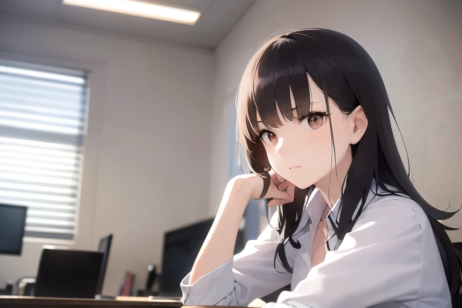 side angle, (lookingaway:1.5), Upper Body, Realistic, real person, (pale skin: 1.2), RAW photo, photorealistic, portrait photography, shiny skin, shiny hair、(A 25-year-old woman with medium-length hair and bangs) and (wavy hair) and (brown hair) and (orange eyes) , (Gray business suit) and (White shirt） 、Serious expression, The background is the office、Alone、Sitting、computer、desk、warking