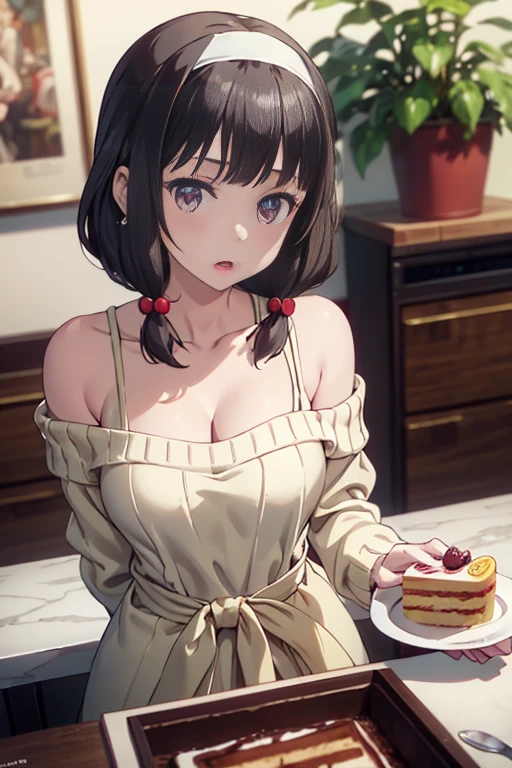 masterpiece, yor, 1girl, Amazing Cleavage:1.3, thin waist, big ass, Raised sexy, medium breast: 1.8 posed cleavage:1.2、solo, looking at viewer, open mouth, have a cup of coffee,black hair, red eyes, dress, bare shoulders, jewelry, collarbone, sidelocks, hairband, earrings, indoors, off shoulder, :o, sweater, arms behind back, plant, short hair with long locks, white hairband, off-shoulder dress, sweater dress, off-shoulder sweater, red sweater, big side hair, very long side hair,is rendered in (masterpiece: 1.2, best quality), with (ultra high resolution) and an exquisite (depth of field). This masterpiece is not only visually stunning but also tells, make of cake cooking ,in the kitchen