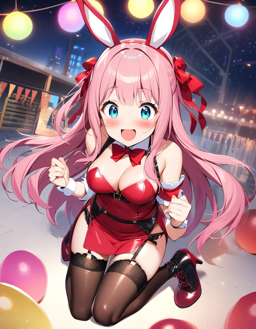 1 girl, party venue,night, Bunny girl,open mouth, smile, leather thigh high boots, garter belt, pink hair, long hair, bangs, blush, surprised face, sexy, medium breasts, red mini skirt, full body