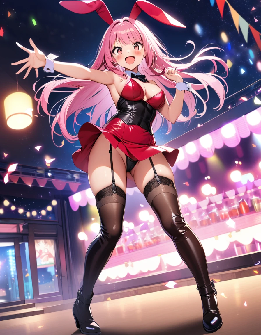 1 girl, party venue,night, Bunny girl,open mouth, smile, leather thigh high boots, garter belt, pink hair, long hair, bangs, blush, surprised face, sexy, medium breasts, red mini skirt, full body