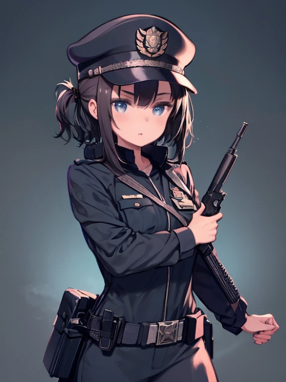 Female police officer,with a gun in hand,Detective,expedition,mystery,The background must be a solid color,mystery的紫色作为背景。