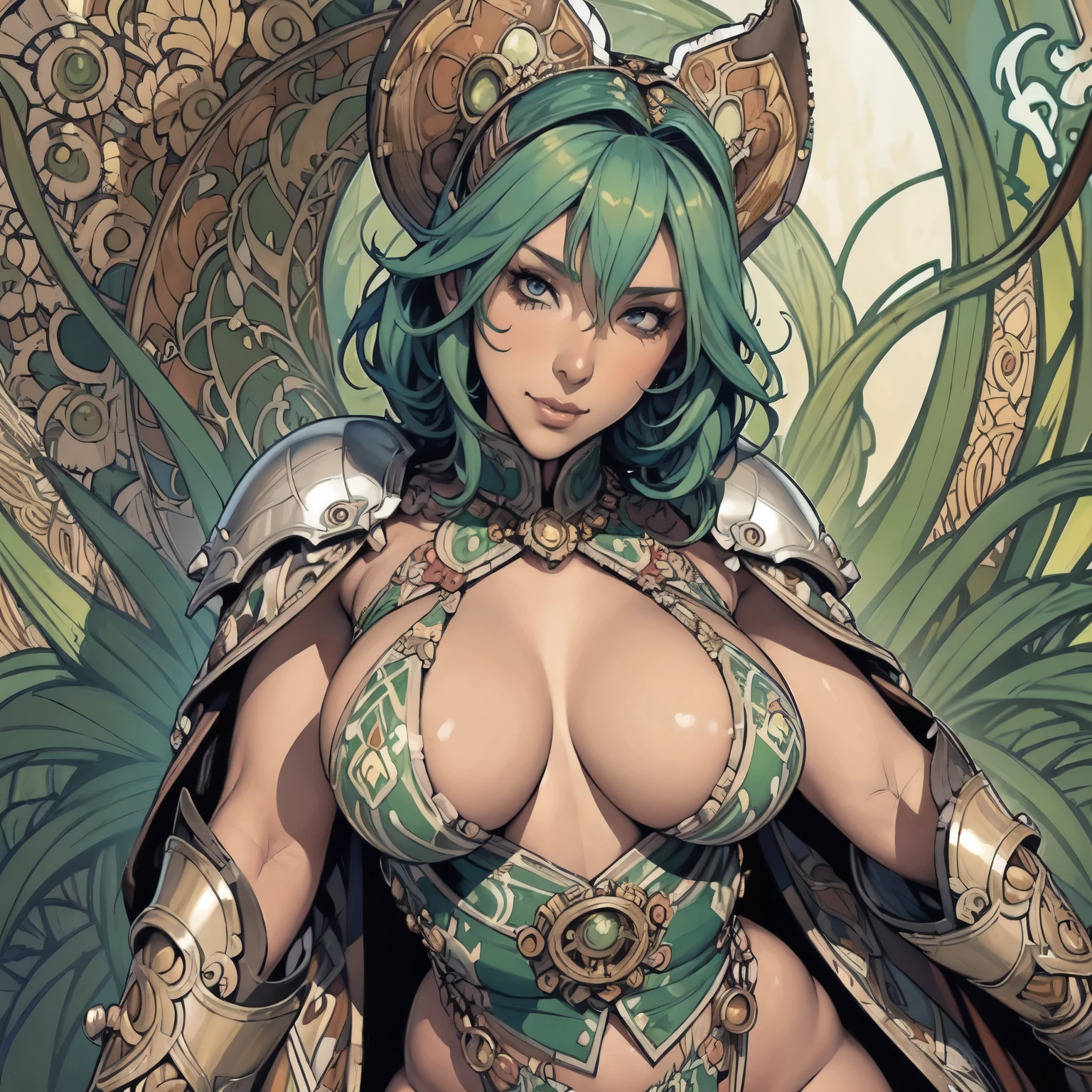 ((Detailed face)),((Mucha's style)),(vulgar),(portrait),((African woman)),Tits that are too big,green hair,forehead,((addiction to sex))((Heavily armoured warrior)), half sticking out of clothes,(cowboy shot:1.6)