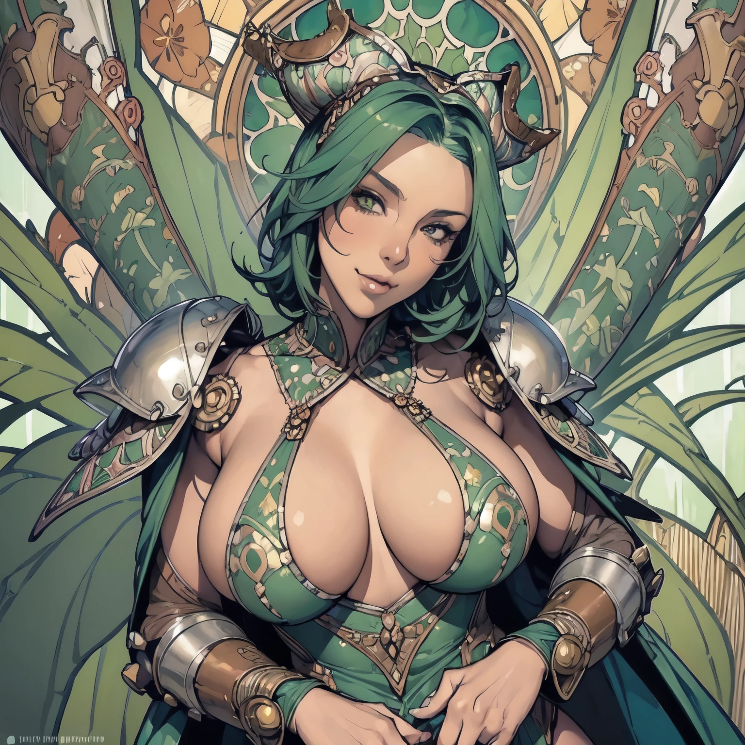 ((Detailed face)),((Mucha's style)),(vulgar),(portrait),((African woman)),Tits that are too big,green hair,forehead,((addiction to sex))((Heavily armoured warrior)), half sticking out of clothes,(cowboy shot:1.6)