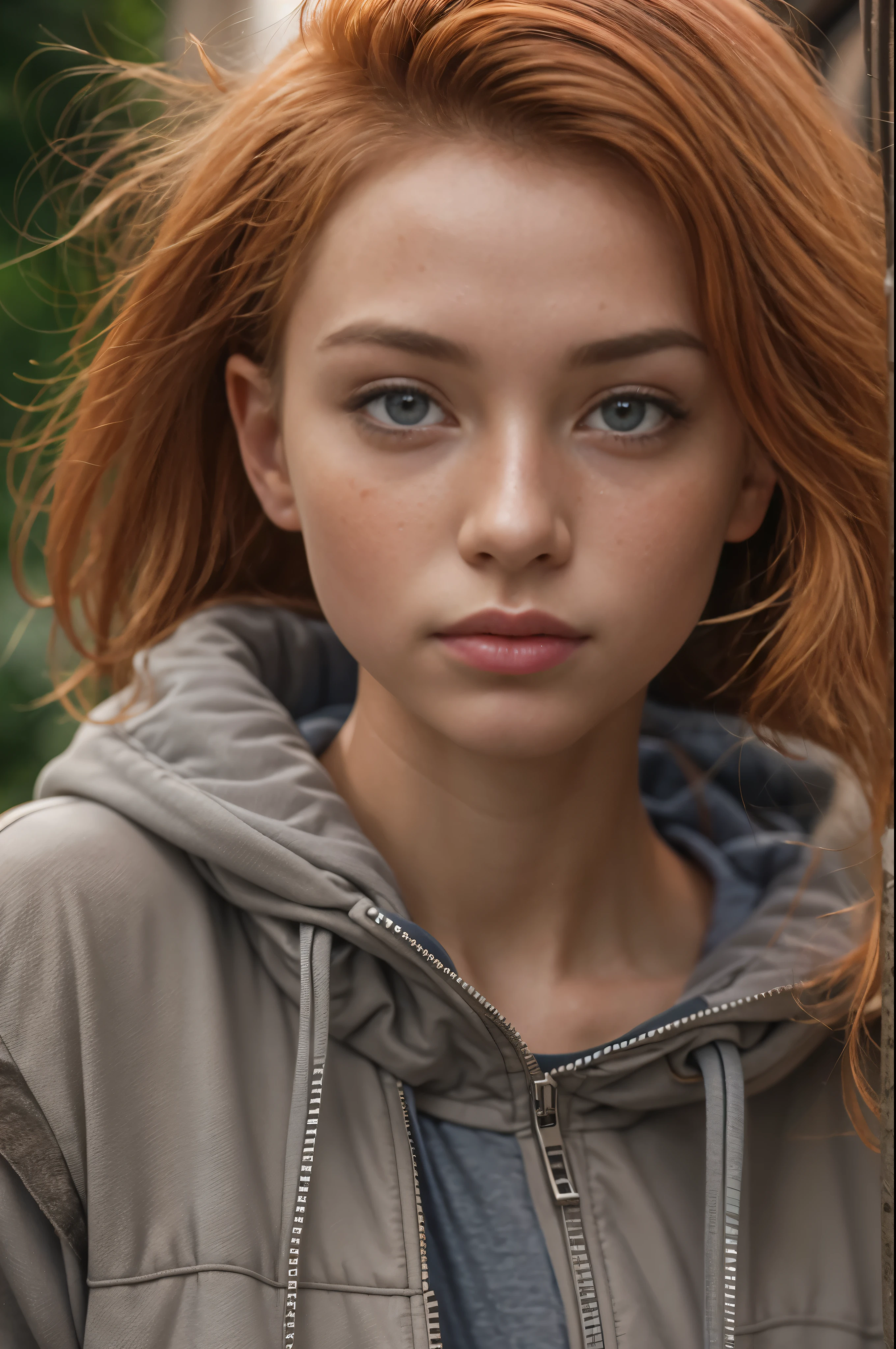 (Polina Oganicheva:1.2), Masterpiece, a portrait of a 17 year old girl walking around suburbs, happy face, sports bra, jacket, grey sweatpants, midriff, clean skin, lots of freckles, square chin, sunken cheeks, thick lower lip, super skinny, very detailed, detailed face, short ginger hair, freckles, dynamic camera, pale skin, 16K, ultra high res.photorealistic, UHD, RAW