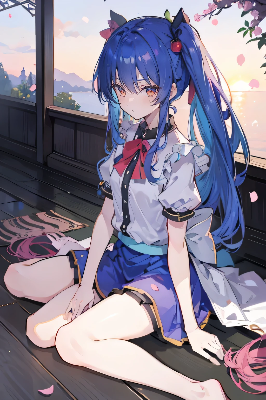 (best quality, masterpiece:1.2), expressive eyes, perfect face, 1 girl, hands on waist, beautiful, gorgeous, Japanese animation, Lola, Hinamori Angel, blue hair, floating clothes, waist grab, waist grab, hands on hips, sitting, sitting on the ground, legs on the ground, flat-chested, falling petals, sitting in a pavilion, pavilion,sunrise,Petals fall,