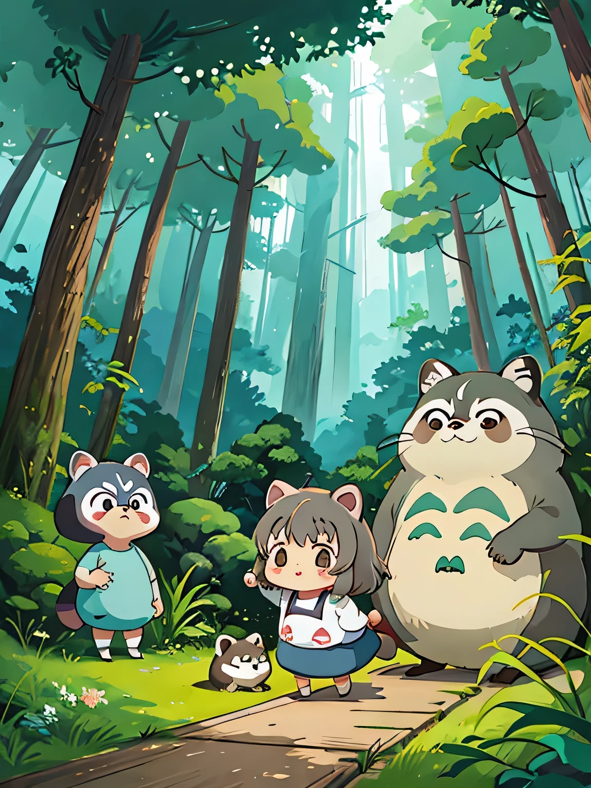 hayao miyazaki style, Kawaii Design, The most beautiful girl of all time、Chibi, Totoro、going to toilet together、Lots of cute raccoons、Playing with raccoon dogs、Totoro Forest