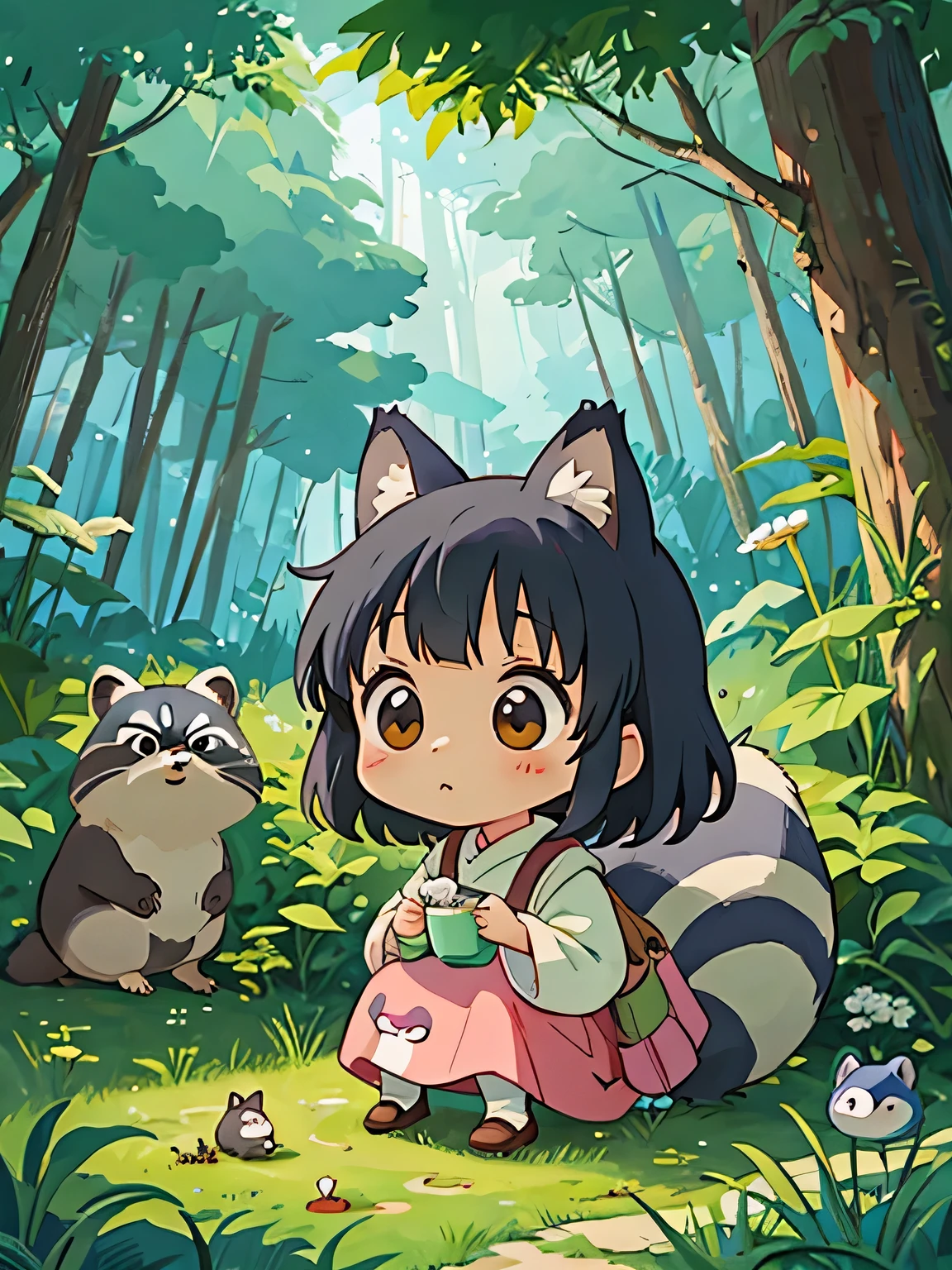 hayao miyazaki style, Kawaii Design, The most beautiful girl of all time、Chibi, Totoro、going to toilet together、Lots of cute raccoons、Playing with raccoon dogs、Totoro Forest
