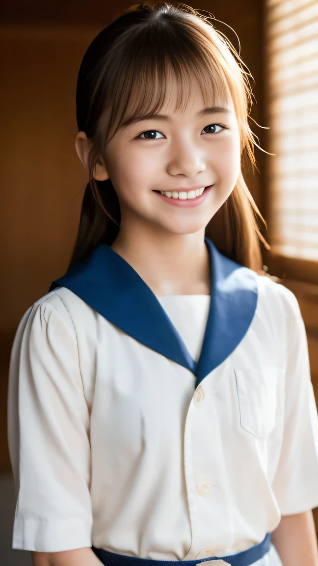 Lens 135mm f1.8, (highest quality),(RAW photo), , (Beautiful 15 year old Japanese girl), cute face, (deeply carved face:0.7), (freckles:0.6), dappled sunlight, dramatic lighting, (japanese school uniform), (inside the school), shy, ponytail, (cowboy shots of:1.2), (embarrassed smile),, (sparkling eyes)、(sunlight), (Arms at sides),