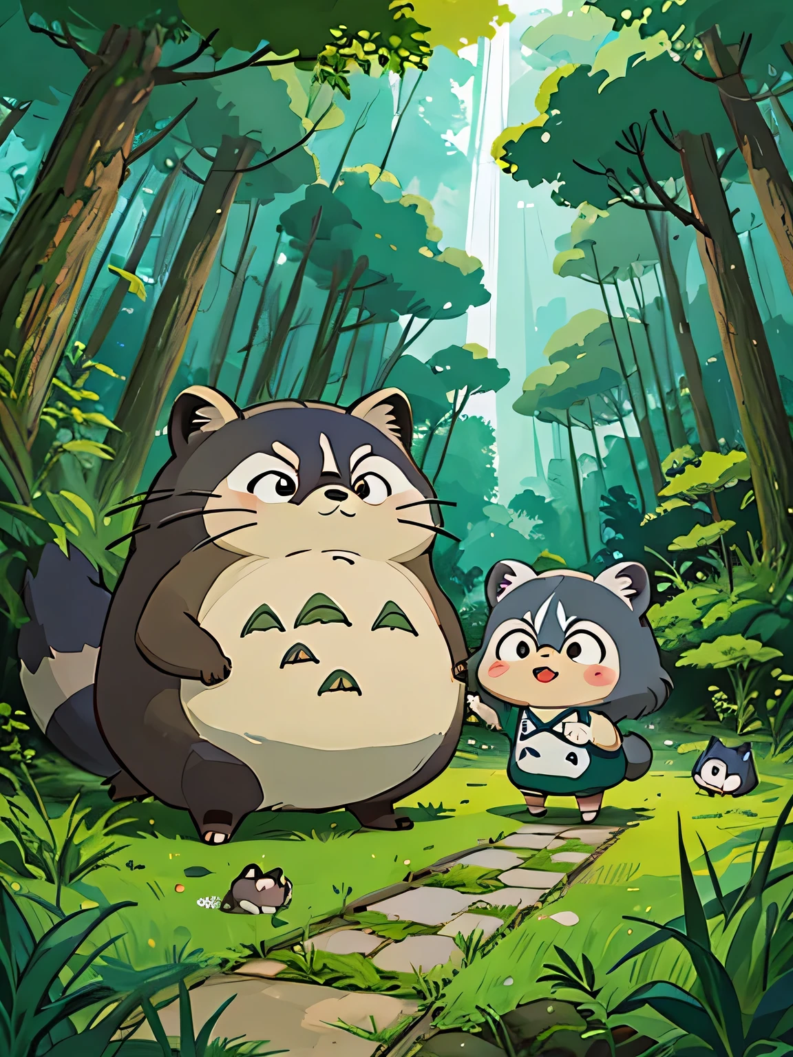 hayao miyazaki style, Kawaii Design, The most beautiful girl of all time、Chibi, Totoro、going to toilet together、Lots of cute raccoons、Playing with raccoon dogs、Totoro Forest