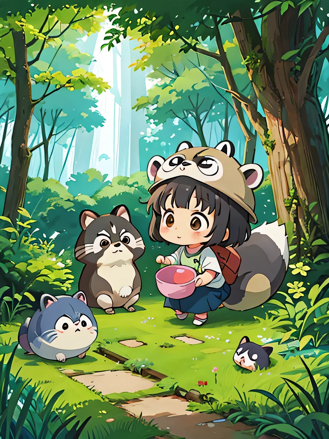 hayao miyazaki style, Kawaii Design, The most beautiful girl of all time、Chibi, Totoro、going to toilet together、Lots of cute raccoons、Playing with raccoon dogs、Totoro Forest