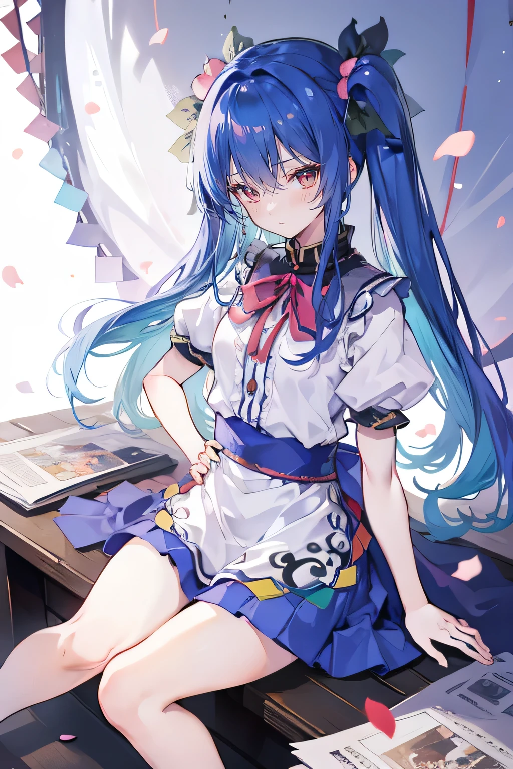 (best quality, masterpiece:1.2), expressive eyes, perfect face, 1 girl, hands on waist, beautiful, gorgeous, Japanese animation, Lola, Hinamori Angel, blue hair, floating clothes, waist grab, waist grab, hands on hips, sitting, sitting on the ground, legs on the ground, flat-chested, falling petals, sitting in a pavilion, pavilion,sunrise,Petals fall,