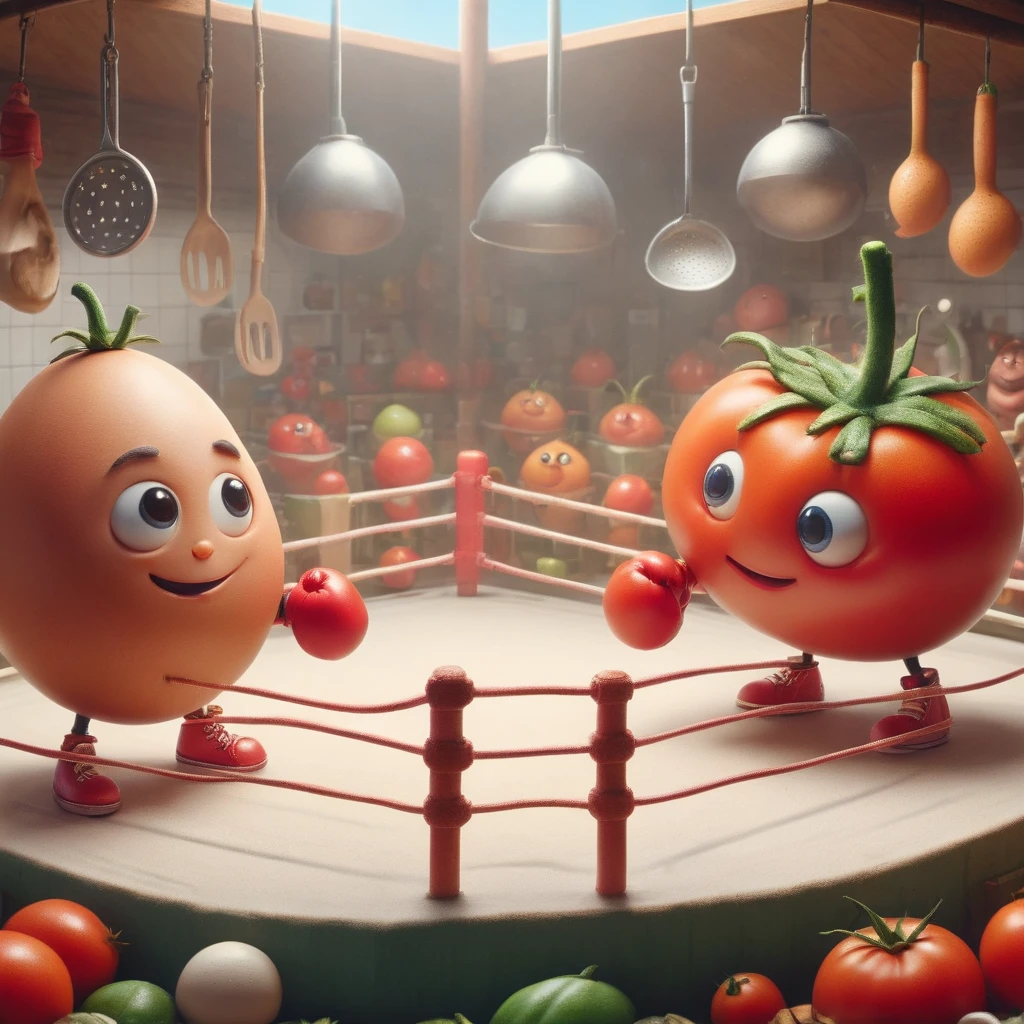 (panoramic:1.5)，(Vision:1.5)，A whimsical kitchen style boxing ring, egg and tomato boxing match, cartoon, illustration, cute, with a kitchen style boxing ring in the background, the egg is wearing miniature gloves and a determined smile, the tomato is wearing boxing gloves, the scene is vibrant and cartoony , the scene is lively and captures a unique scene of friendship, 1qjbs1