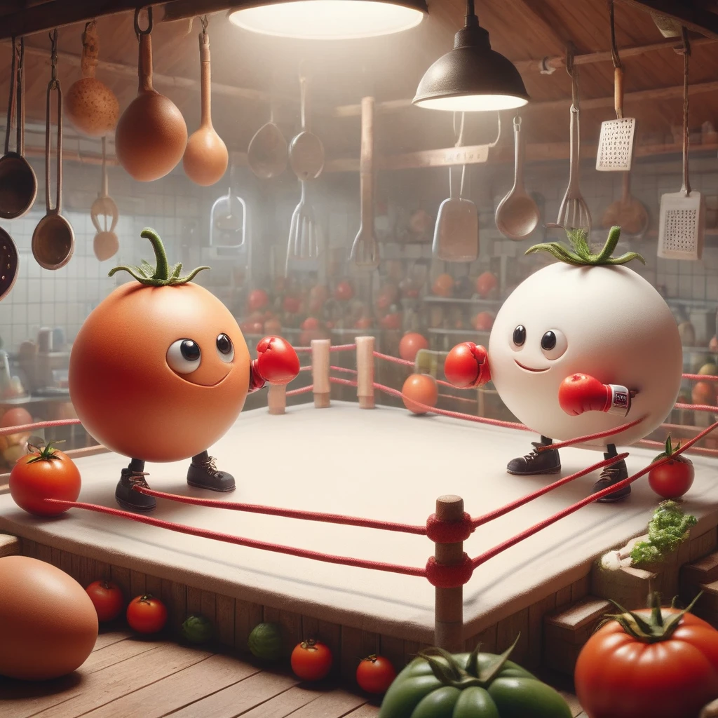 (panoramic:1.5)，(Vision:1.5)，A whimsical kitchen style boxing ring, egg and tomato boxing match, cartoon, illustration, cute, with a kitchen style boxing ring in the background, the egg is wearing miniature gloves and a determined smile, the tomato is wearing boxing gloves, the scene is vibrant and cartoony , the scene is lively and captures a unique scene of friendship, 1qjbs1