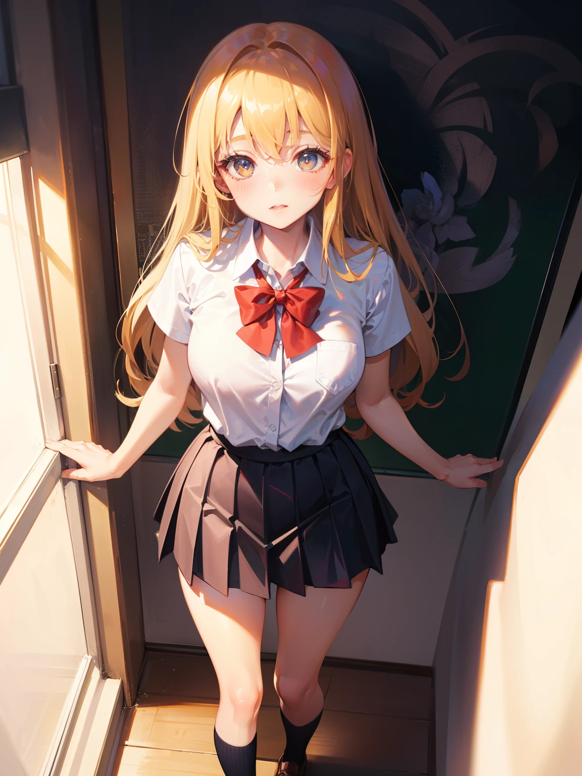 Dynamic posing, dynamic angle,Top quality work,Show Legs,Shiny cream Dress,(short golden caramel hair),(golden caramel eyes), lovely red lips, Rose cheeks, Pretty Face, A perfectly proportioned face, school shirt and skirt, (school uniform) ,in classroom,full-body view,overall look is very erotic, amazing, Large round chest、Beautiful eye details、(Very slender eyes)、Beautiful eyelashes、beautiful double eyelid, Shy, with blush cheeks,