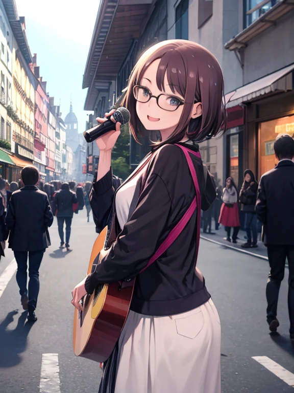 masterpiece、highest quality、High resolution、Very detailed、Medium wide shot、Mature Woman、Glasses、Are standing、Playing the guitar、laughing、In town、crowd、Being surrounded by many people、Street Performance、Looking Back、Vibrant、