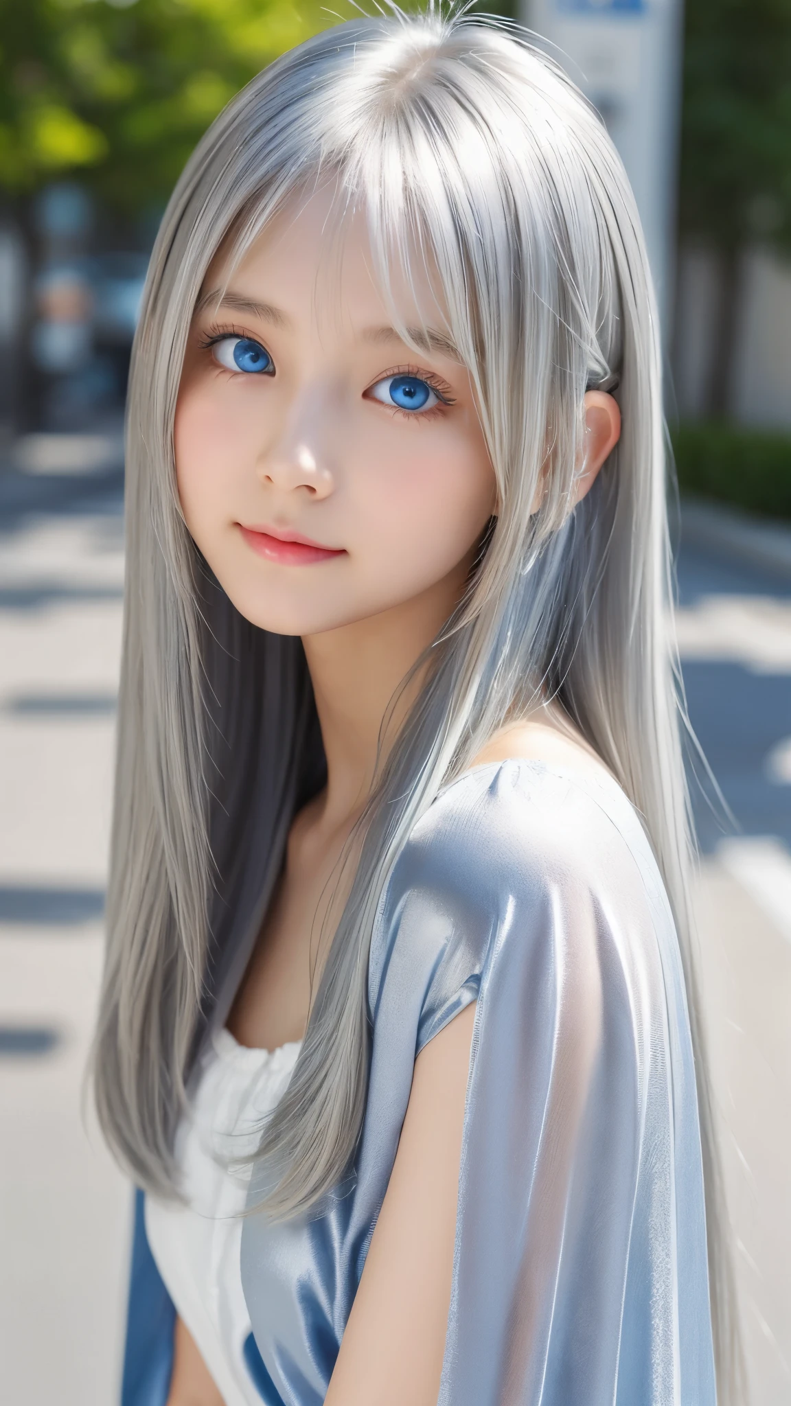 Shining, clear, white skin、Her windblown silver hair hides her beautiful face.、huge、28 years old cute sexy little beautiful face、Beautiful straight hair that stands out、growing up, Sparkling light blue eyes、long silky bangs that cover cute eyes, Sexy and cute young woman with super long hair hiding her sexy face、Shining silver hair