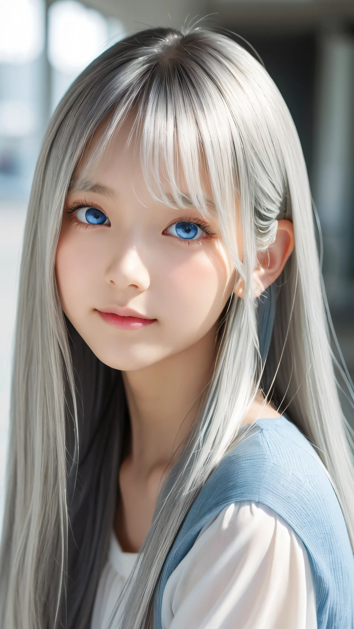 Shining, clear, white skin、Her windblown silver hair hides her beautiful face.、huge、28 years old cute sexy little beautiful face、Beautiful straight hair that stands out、growing up, Sparkling light blue eyes、long silky bangs that cover cute eyes, Sexy and cute young woman with super long hair hiding her sexy face、Shining silver hair