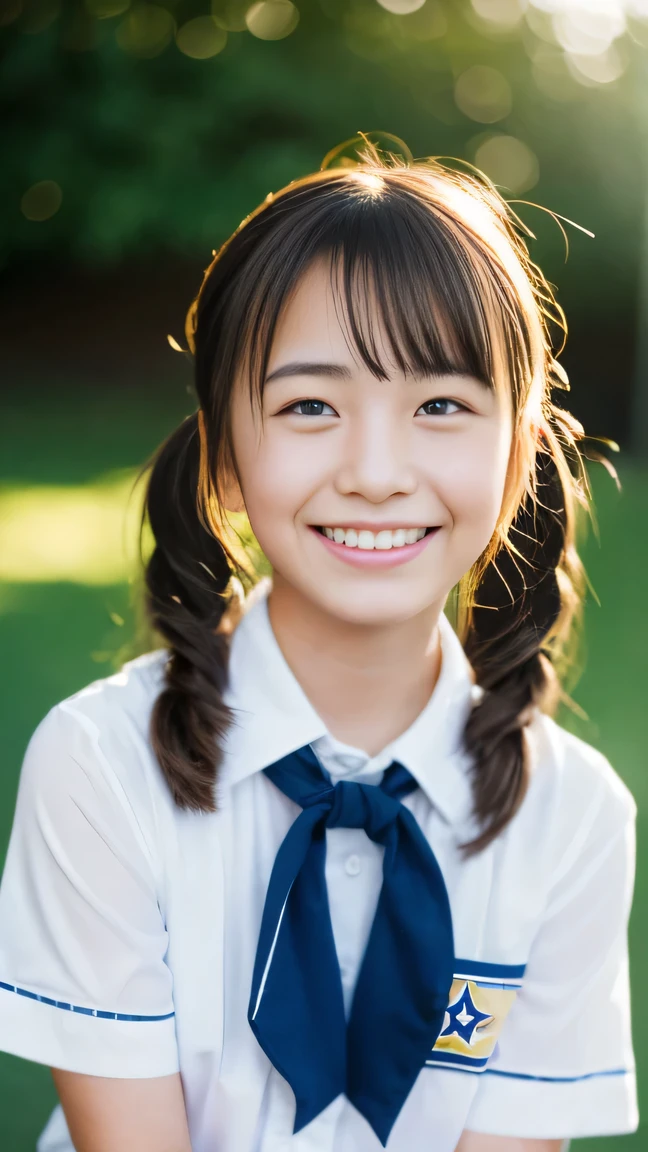 Lens 135mm f1.8, (highest quality),(RAW photo), , (Beautiful 15 year old Japanese girl), cute face, (deeply carved face:0.7), (freckles:0.6), dappled sunlight, dramatic lighting, (japanese school uniform), (inside the school), shy, twin tails hair , (cowboy shots of:1.2), (embarrassed smile),, (sparkling eyes)、(sunlight), (Arms at sides),